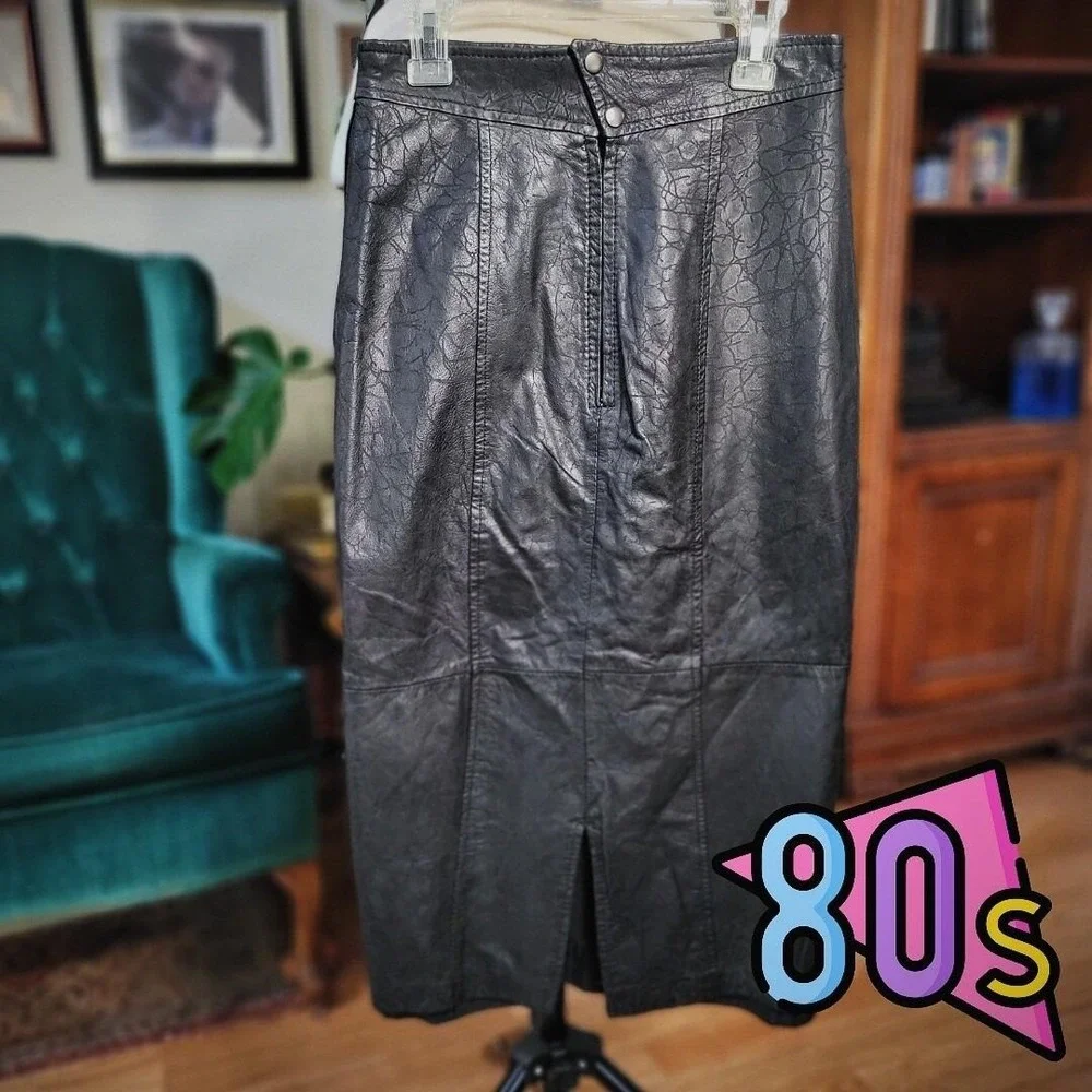 Vintage 80s D'LINEA Womens Black Leather Knee-Length Pencil Skirt - Size 7/8‎